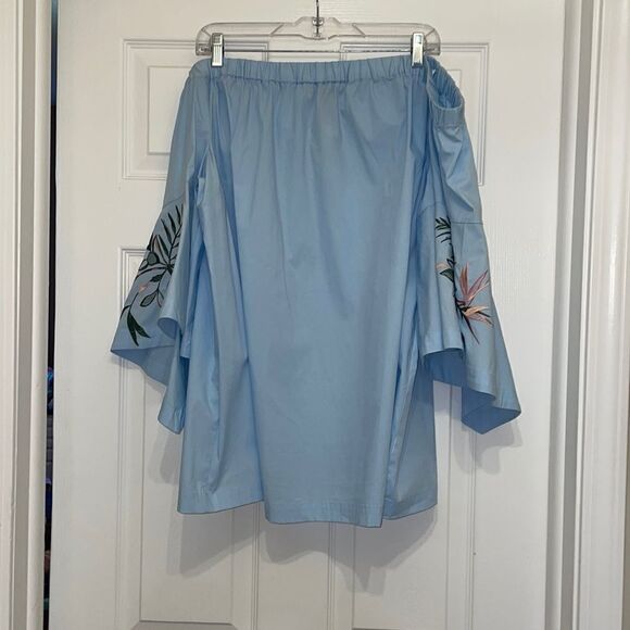 Lane Bryant Light Blue Off the Shoulder Top with Floral Embroidered Bell Sleeves - Picture 1 of 8